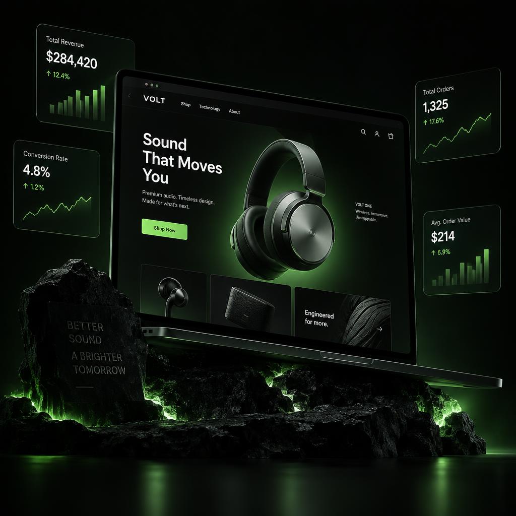 Store analytics composition showing revenue and conversion cards