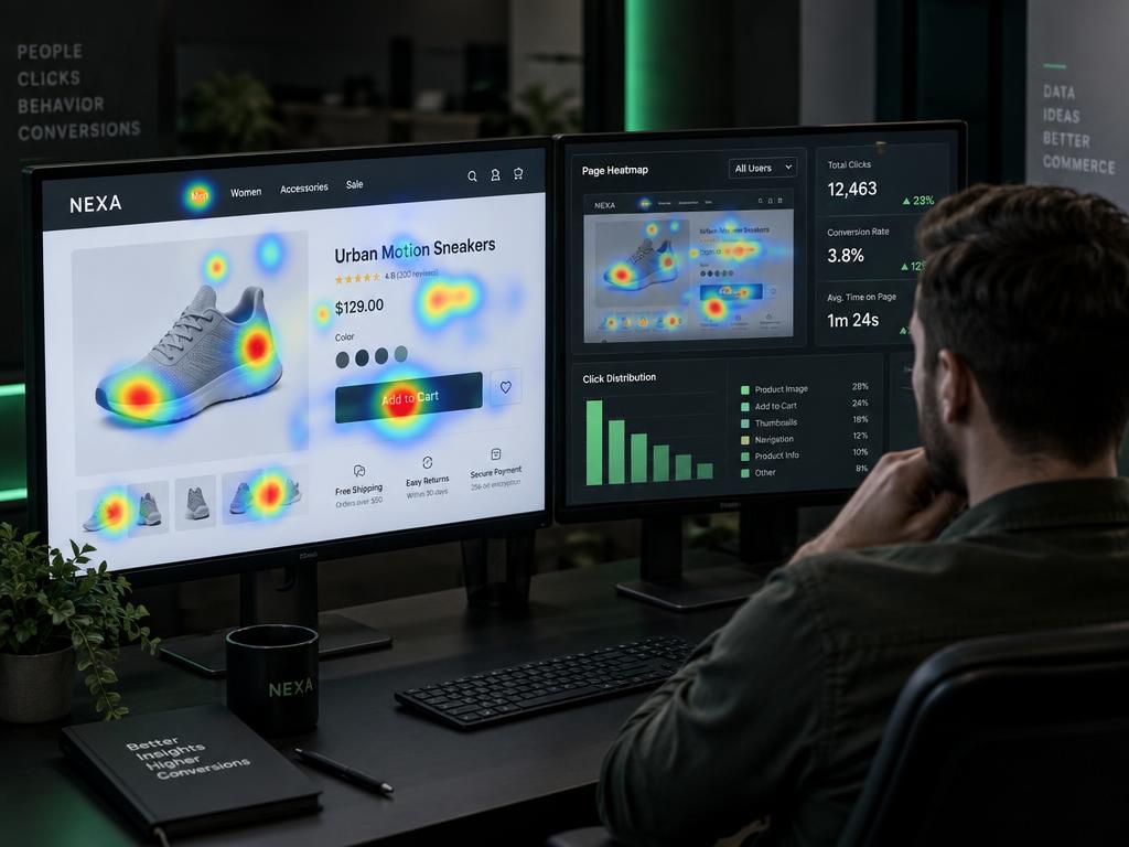 Analyst reviewing a store heatmap and click distribution