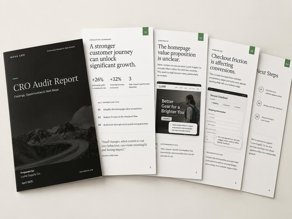 Multi-page CRO audit report pages with findings and charts